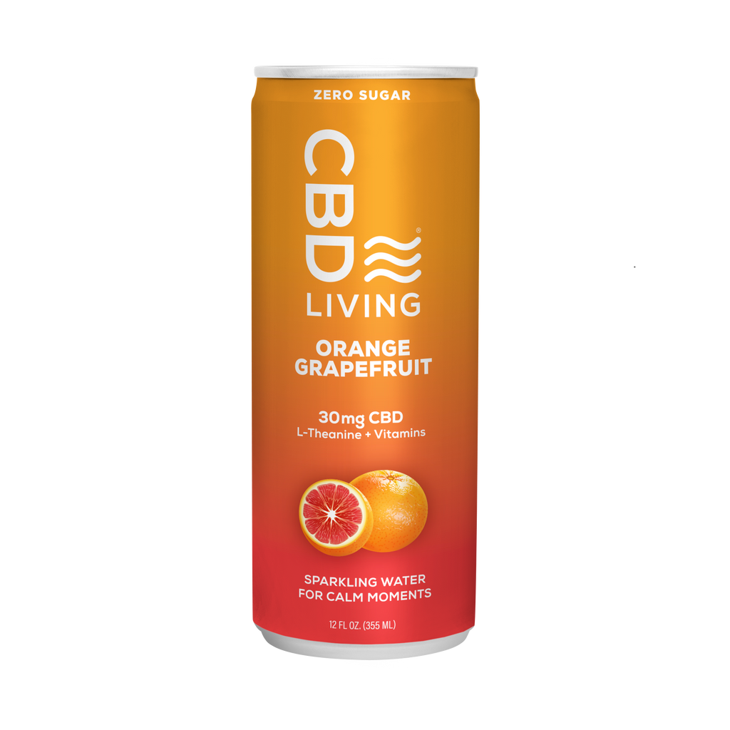 CBD Living Orange Grapefruit Sparkling Water can with 30mg CBD and added vitamins for hydration and wellness