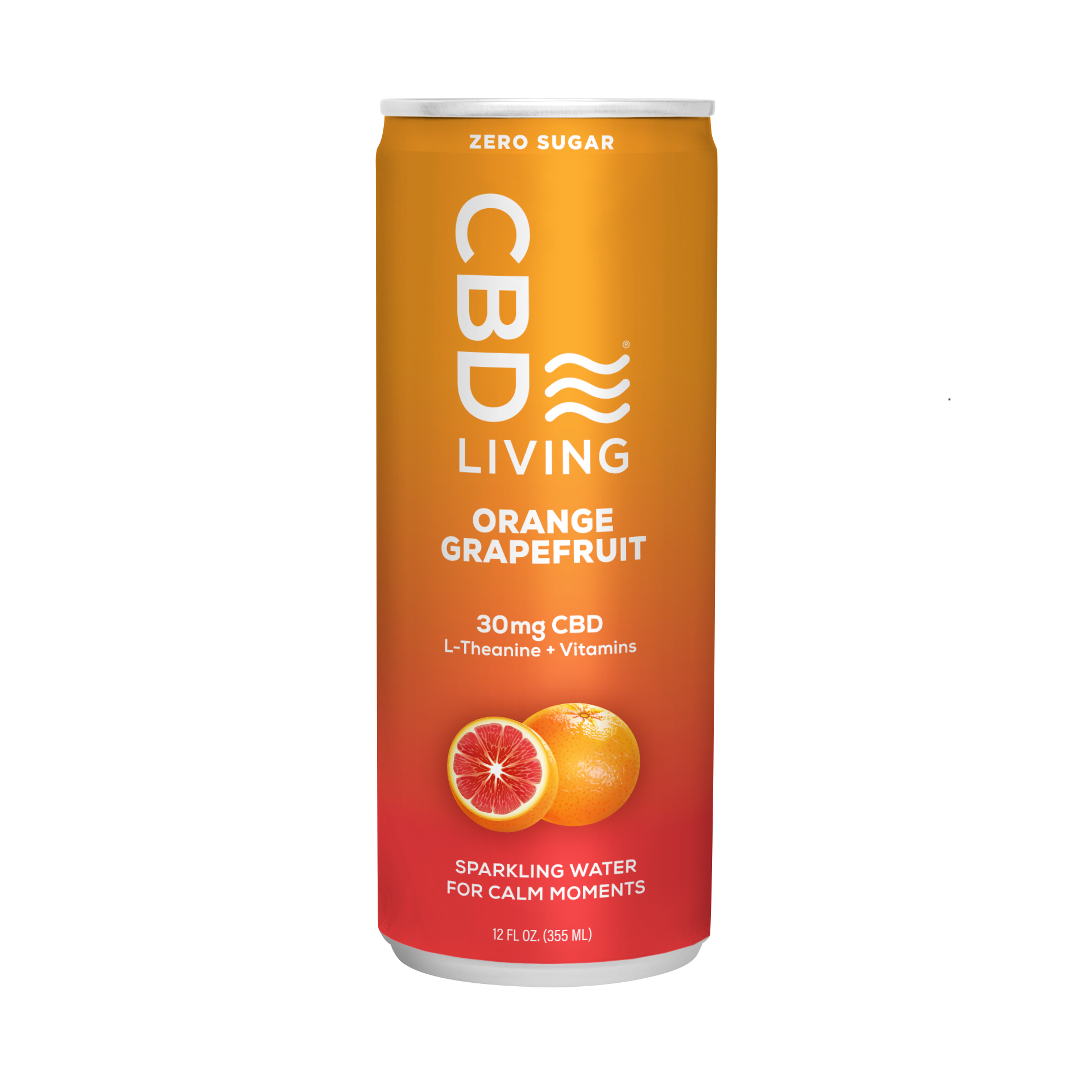 CBD Living Orange Grapefruit Sparkling Water can with 30mg CBD and added vitamins for hydration and wellness