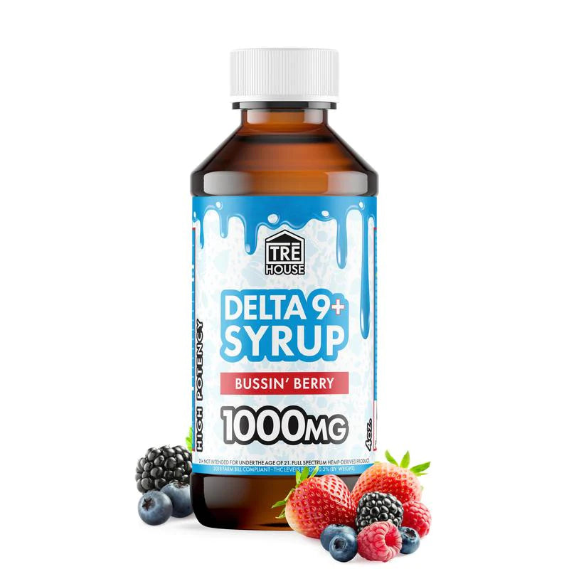 Delta 9 THC syrup 1000mg by Trehouse in Bussin' Berry flavor with mixed berries on white background