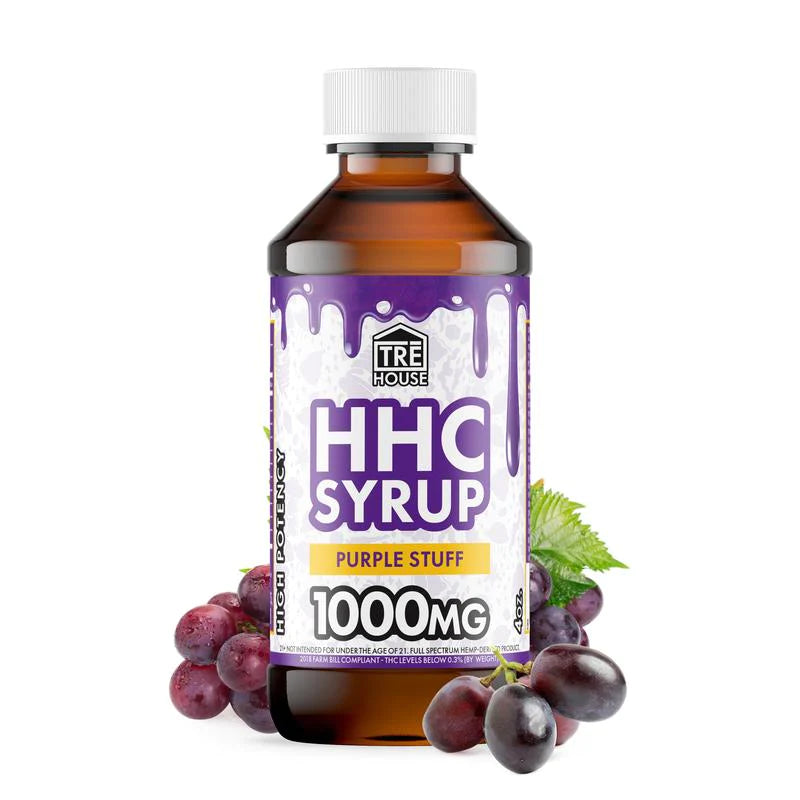 Delta 9 THC and HHC syrup 1000mg bottle with purple grape flavor and high potency label
