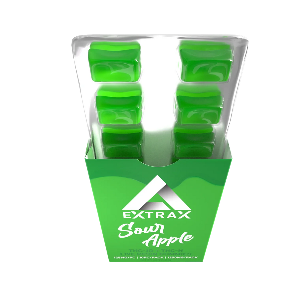 Delta Extrax Lights Out Gummies Sour Apple flavor pack with 1250mg THC blend including THCh, THCjd, THC-P, Delta 9, and Live Resin Delta 8.