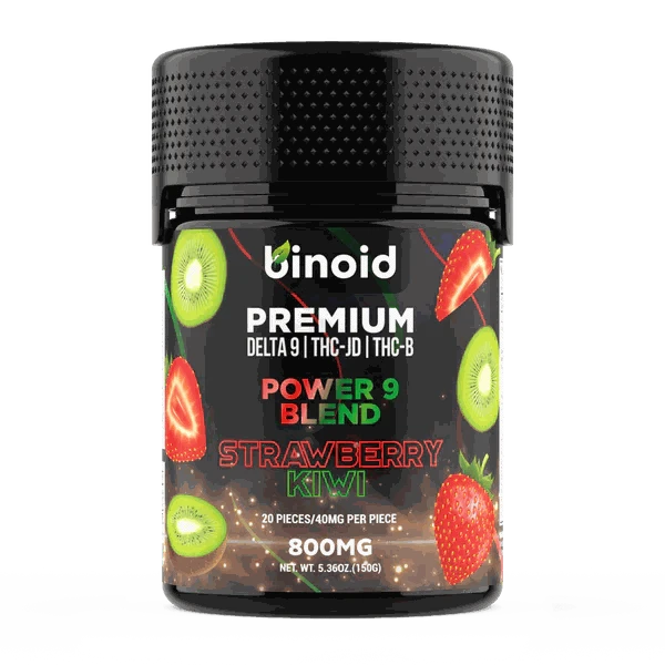 Binoid Power 9 Blend gummies 800mg strawberry kiwi flavor container with premium Delta 9 THC-JD and THC-B distillates.