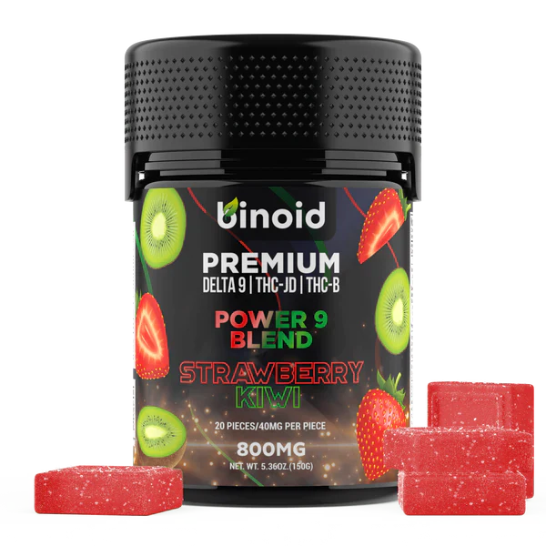 Binoid Power 9 Blend gummies 800mg strawberry kiwi flavor premium Delta 9 THC-JD THC-B hemp-derived supplement with powerful entourage effect.
