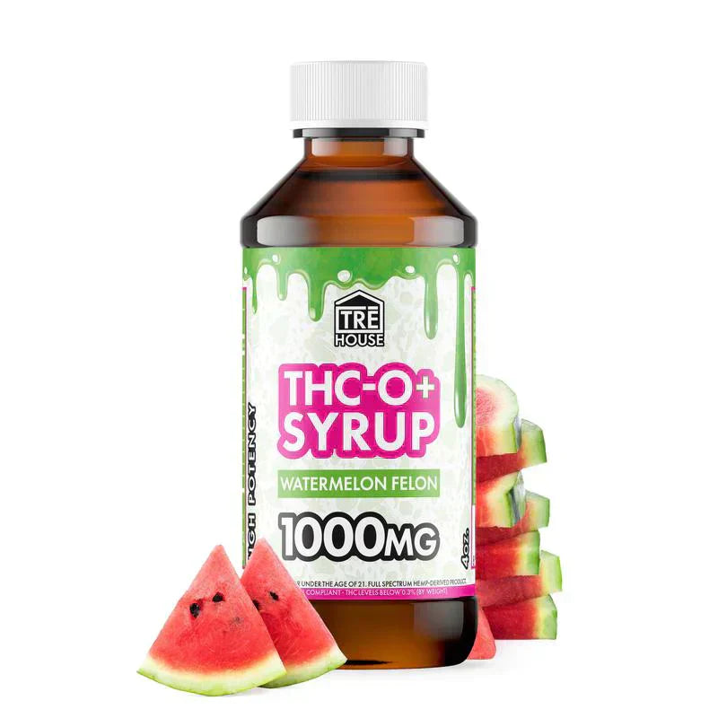 Delta 9 THC-O syrup 1000mg watermelon flavor bottle with watermelon slices, hemp-derived Delta 8 and THC-O blend